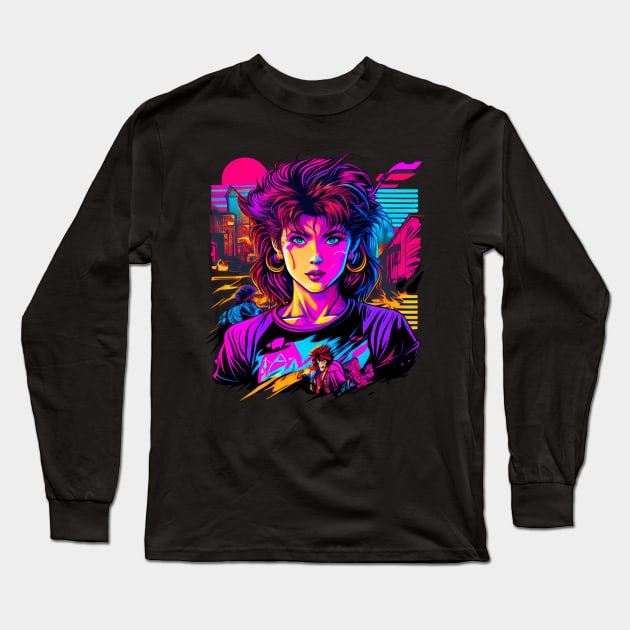 Retro 80s Japanese Manga Girl Synthwave Long Sleeve T-Shirt by JOLI Design Studio